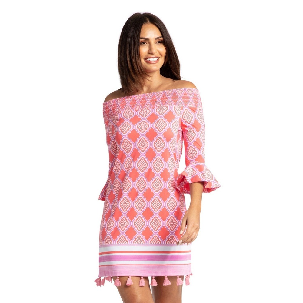 CABANA LIFE New Coral Geo Coverluxe Smocked Off Shoulder Mini Dress Tassel LARGE